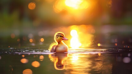 A duck gracefully floats on a body of water, with a golden-yellow and fiery red ball of light illuminating the scene behind it