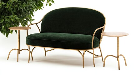 Fototapeta premium A luxurious green velvet sofa features gold legs and plush pillows, paired with stylish side tables and surrounded by vibrant green plants in soft, natural light