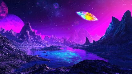 Obraz premium A futuristic alien landscape with a flying saucer and a vibrant purple sky.