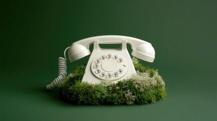 A vintage cream-colored telephone showcases a unique moss interior, highlighting a blend of nature...