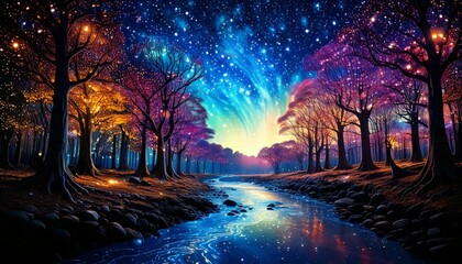 "Surreal forest landscape with glowing trees and a river of stars, under a galaxy-filled sky, fantasy 