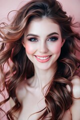 Fototapeta premium A young woman showcases her radiant smile and flowing curls. Her beautifully applied makeup accentuates her features against a soft pink backdrop, creating a vibrant beauty look. Generative AI