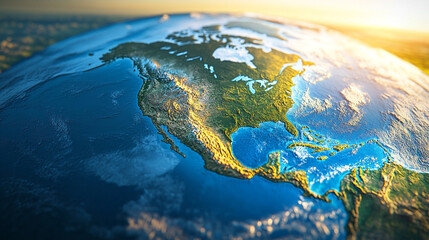 Fototapeta premium Aerial view of North America highlighting diverse landscapes and shimmering waters during sunset