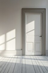 Obraz premium Bright morning light streaming through a white room with a door and wooden floor