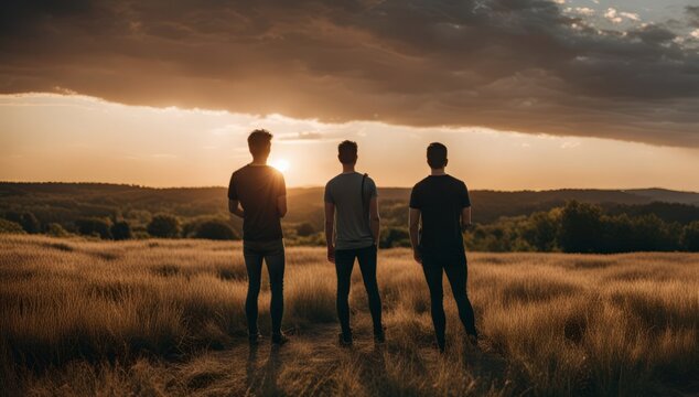 Three Guys Men Enjoy Sunset Hike In Field Recreation Health