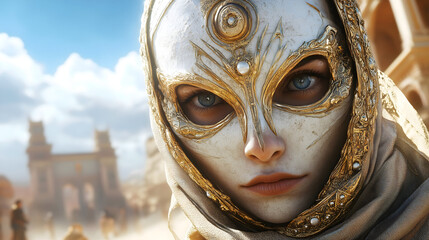 Mystical Woman Intricate Mask Beautiful Eyes Golden Ornamentation Desert