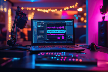 A laptop with an open audio application and a microphone nearby in the evening light. Generated by artificial intelligence