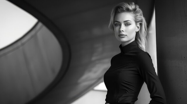 Elegant blonde model poses in minimalist black and white setting with clean lines and sophistication