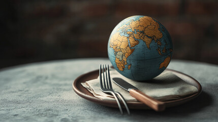 A globe on a plate with cutlery highlights global dining concepts and cultural exploration
