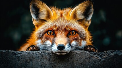 Fototapeta premium A close-up of a red fox peeks out from behind a stone wall, with trees in the background