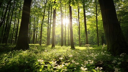Obraz premium The sun illuminates the dense forest of tall trees, casting rays onto a sea of lush green grass and vibrant wildflowers