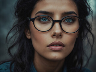 Fototapeta premium Young South Asian woman with dark hair and blue eyes wearing black-framed glasses, looking directly at camera with serious expression