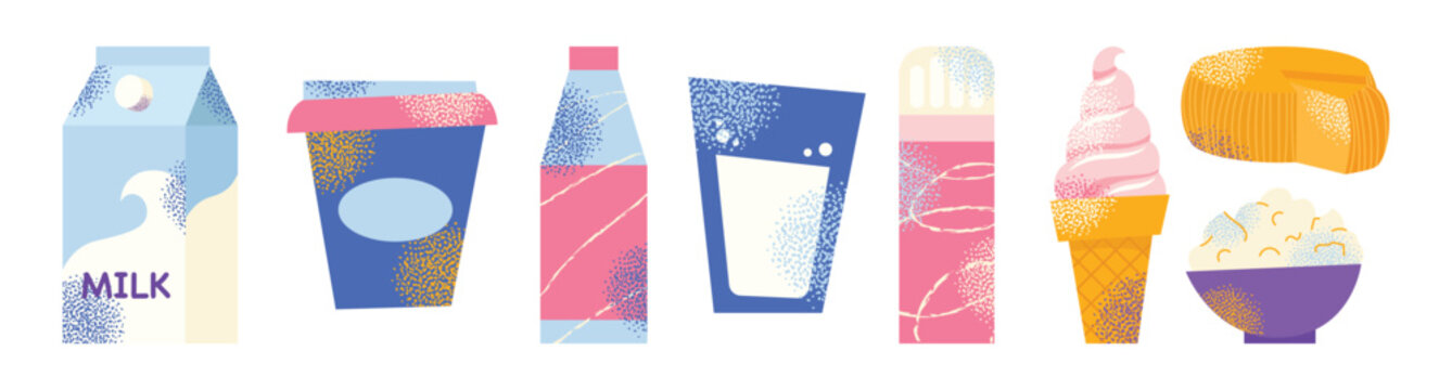 Dairy products set. Milk, kefir and yogurt, cardboard packaging containers, bottle. Different cheese, butter and cream. Organic farm healthy food vector illustration isolated on background