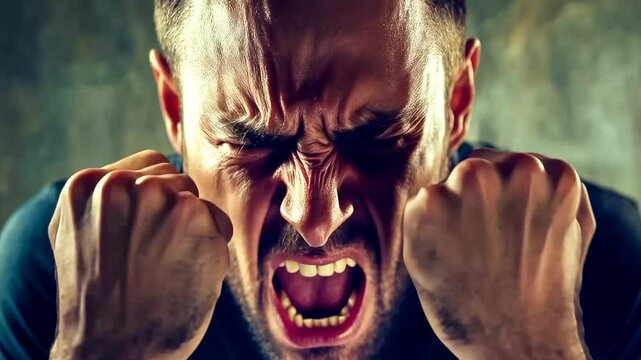 A Caucasian man, mid-30s, displays intense anger, clenching his fists and gritting his teeth indoors. The dim lighting and his expressive face emphasize the emotion, creating a dramatic, tense mood,