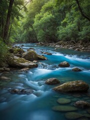 Lush, green forest with fast-flowing turquoise river running through it. River surrounded by large boulders and forest canopy creates serene, natural environment