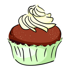Chocolate Cupcake Shortcake Delicious cream. Cartoon Style Design Isolated Vector Illustration. Hand drawn linear color.