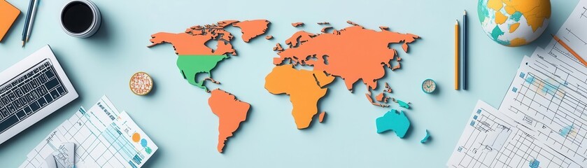 Fototapeta premium Colorful world map on a desk with office supplies, symbolizing global business and travel planning.