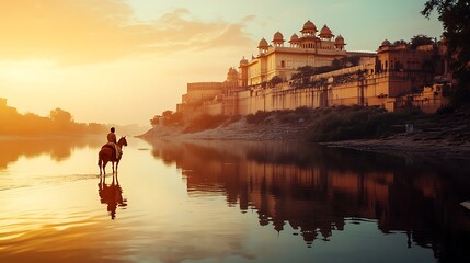 Fototapeta premium Camel walking near Rajasthan temple in desert landscape photos