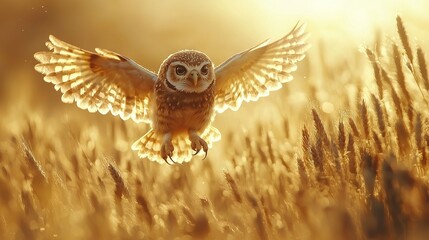   An owl soaring above a field of tall grass, basking in the sunlight glistening off its feathers