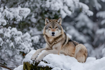 Obraz premium Gray wolf on a snowy day in forest. High quality photo