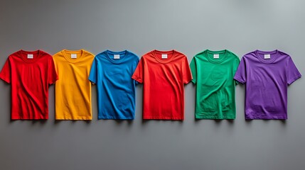 Bright and Colorful Collection of Blank T-Shirts in Red, Yellow, Green, Pink, and Blue, Perfect for Customization, Apparel Design, and Clothing Mockup Presentations