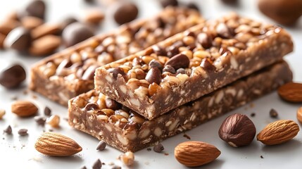 A close-up of chocolate bars adorned with almonds and nuts, highlighting their rich and nutty appeal.