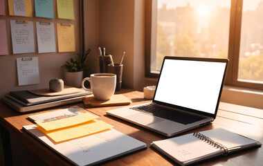 work area with a laptop, notebooks and notes next to a window where sunlight comes in
