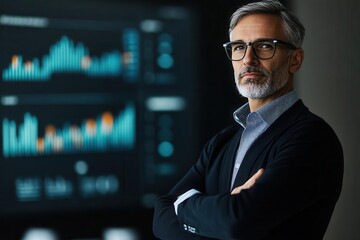Fototapeta premium Confident businessman with glasses standing in front of data charts, showcasing professional analysis and modern technology.