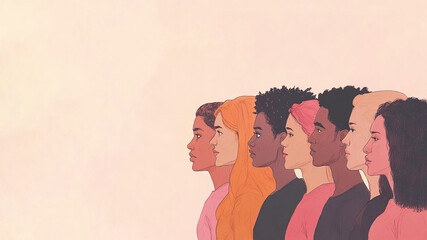 Diverse Group of Young People, Profile View Side by Side, Different Ethnicities, Genders, Races, against Neutral Clean Background with Copy Space, Diversity Unity Inclusion Togetherness, Minimalistic