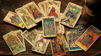 Tarot card layout.  Fortune telling and esotericism on Halloween. Black magic. Top view. 