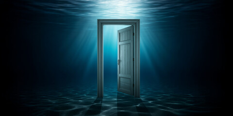 Door in the Ocean Water, Doorway to Nowhere, Walk Through, Surrealims, Surreal Art Background Motivation Graphic Resource