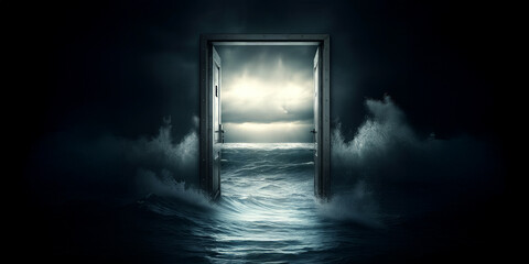 Door in Water Splashing, Doorway to Nowhere, Walk Through, Surrealims, Surreal Art Background Motivation Graphic Resource