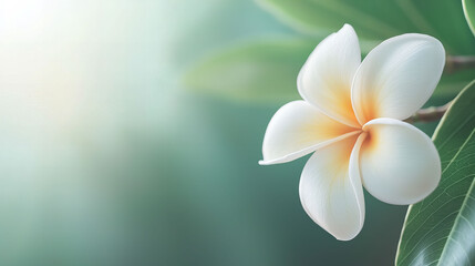 Fototapeta premium A white flower with yellow petals is in the foreground of a green background