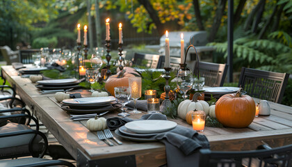 Thanksgiving outdoor table setting with candles and pumpkins. Autumn home decor