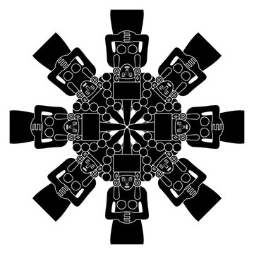 Round star shape geometrical mandala with pre Columbian female figurines from Mexico. Huastecan or Totonac goddess of maize Centeocihuatl. Black and white silhouette.
