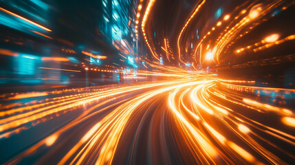 Dynamic city lights blur during nighttime traffic in a vibrant urban setting