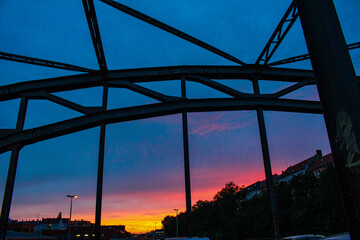 View of a colorful sunset from the bridge, Neukölln Berlin
