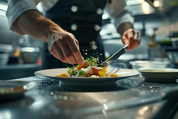 A chef meticulously garnishing a beautifully plated dish in a professional kitchen. The focus is on the chef's hands as they add finishing touches to the meal, showcasing culinary artistry