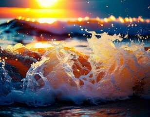 As the sun sets, sea waves crash against the shore, creating a beautiful splash. The sky is painted with warm colors, reflecting on the ocean's surface. Marine natural landscape. Generative AI