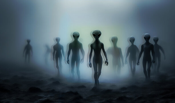 Illustration montrant un groupe d'extra terrestres avan&ccedil;ant dans la brume , image floue