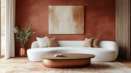 Cozy minimalist living room with modern curved sofa and wooden coffee table in natural light