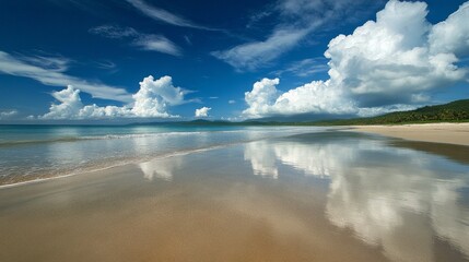 Tranquil beach reflection under a clear blue sky with fluffy clouds during midday