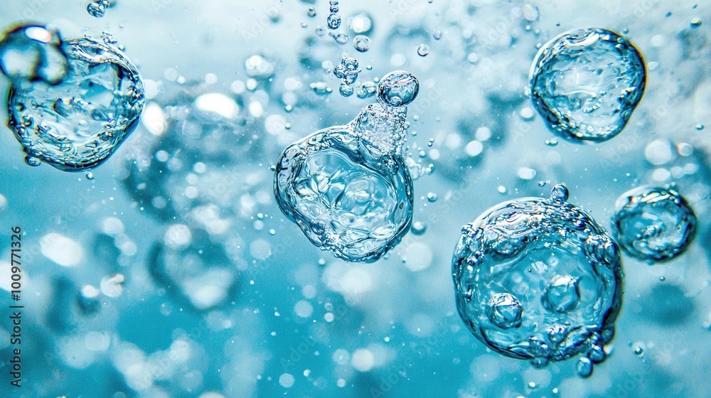 Sticker   Bubbles float on blue water, creating a cluster above the surface