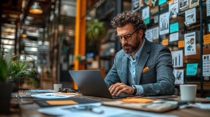 Business professional working focused at a modern office desk with charts and papers around him in a well-lit co-working space