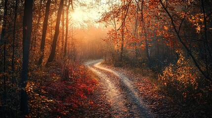 Fototapeta premium Dirt road in forest with leaves on ground, sun shining through trees