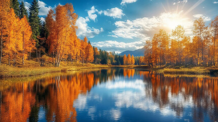 Naklejka premium forest lake autumn season