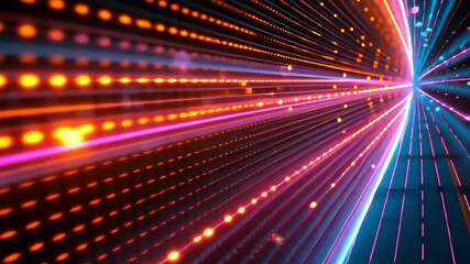 Dynamic abstract background showing vibrant neon lights in a futuristic digital landscape, information transfer, fiber optic channels