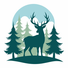 A deer with antlers in the forest silhouette vector illustration on white background