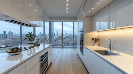 Fototapeta premium Modern kitchen with white cabinets and countertops, view of city from panoramic windows