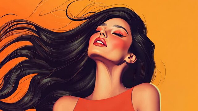 A woman with long black hair and red lips is looking up with her eyes closed